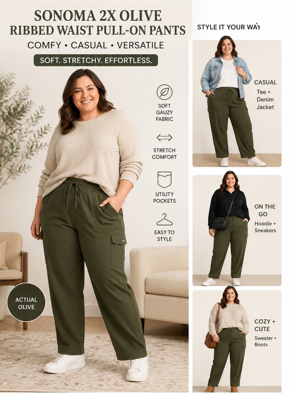 Sonoma 2X Olive Ribbed Waist Pull-On Pants Utility Cargo Gauzy Pockets Hiking